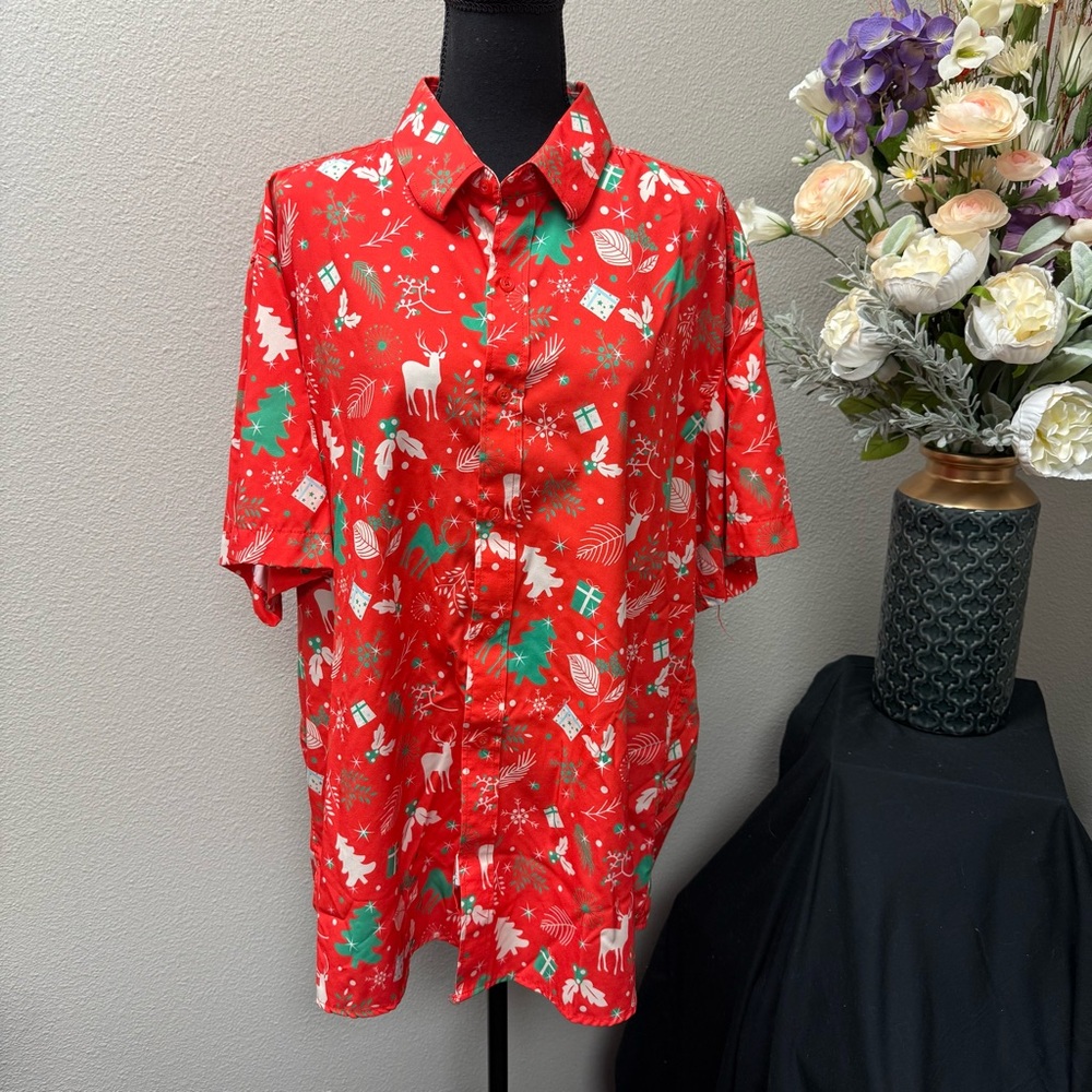 🎄 J&DHUASHA Red Christmas Holiday Button Down Shirt XL – Festive Reindeer, Tree